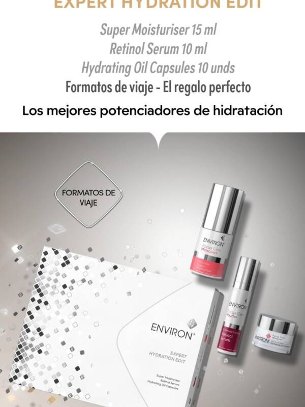 Contenido del estuche ENVIRON Expert Hydration Edit con Super Moisturiser 15 ml, Retinol Serum 10 ml e Hydrating Oil Capsules. Los mejores potenciadores de hidratación en formatos de viaje.