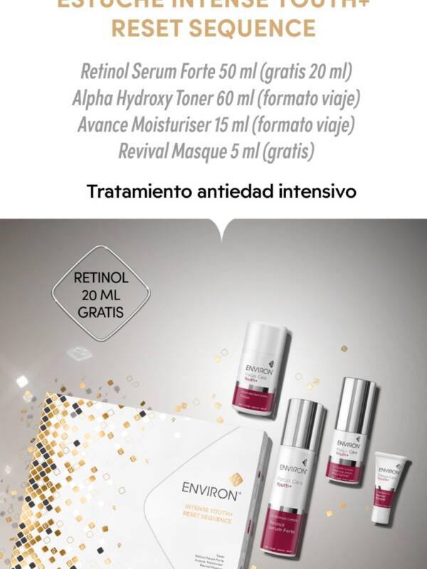Estuche ENVIRON Intense Youth+ Reset Sequence con Retinol Serum Forte 50 ml más 20 ml gratis, Alpha Hydroxy Toner 60 ml, Avance Moisturiser 15 ml y Revival Masque 5 ml gratuito.