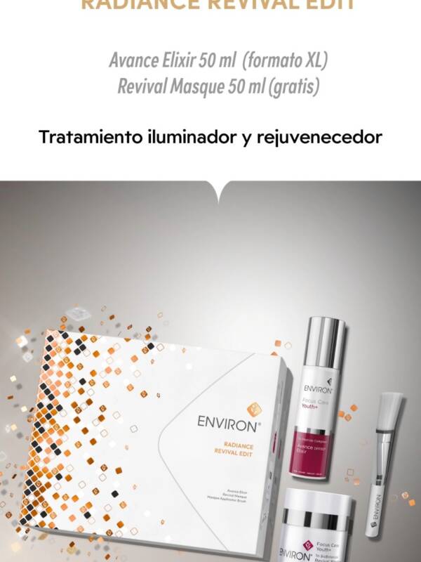 Estuche ENVIRON Radiance Revival Edit con Avance Elixir 50 ml formato XL, Revival Masque 50 ml gratuito y brocha aplicadora para una piel más luminosa y rejuvenecida.