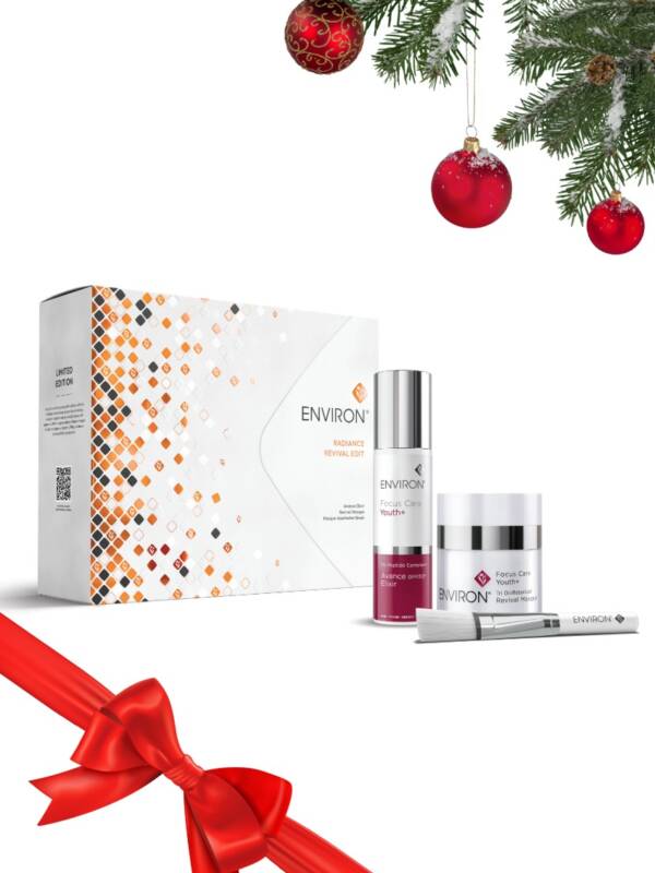 Estuche ENVIRON Radiance Revival Edit con Avance Elixir 50 ml formato XL, Revival Masque 50 ml gratuito y brocha aplicadora.