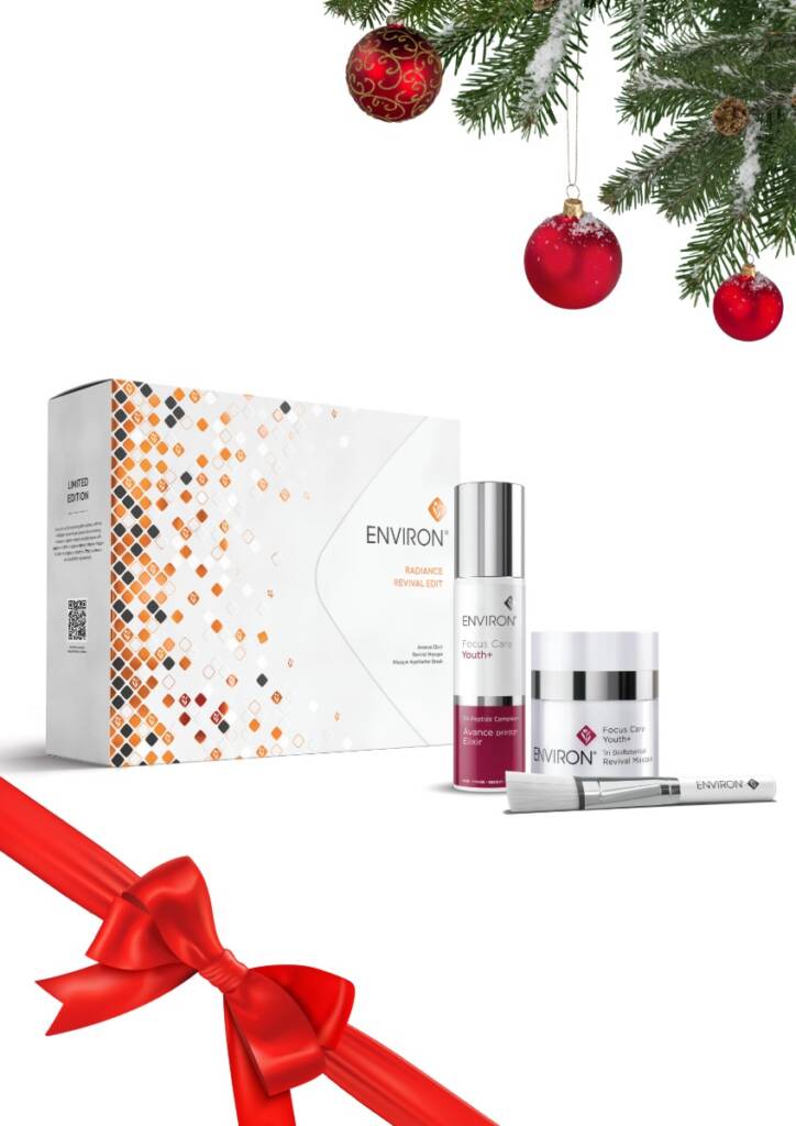 Estuche ENVIRON Radiance Revival Edit con Avance Elixir 50 ml formato XL, Revival Masque 50 ml gratuito y brocha aplicadora.