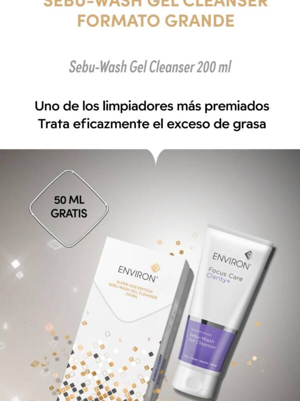 ENVIRON Sebu-Wash Gel Cleanser 200 ml formato grande con 50 ml gratis. Limpiador para ayudar a tratar el exceso de grasa y mantener la piel limpia y equilibrada.