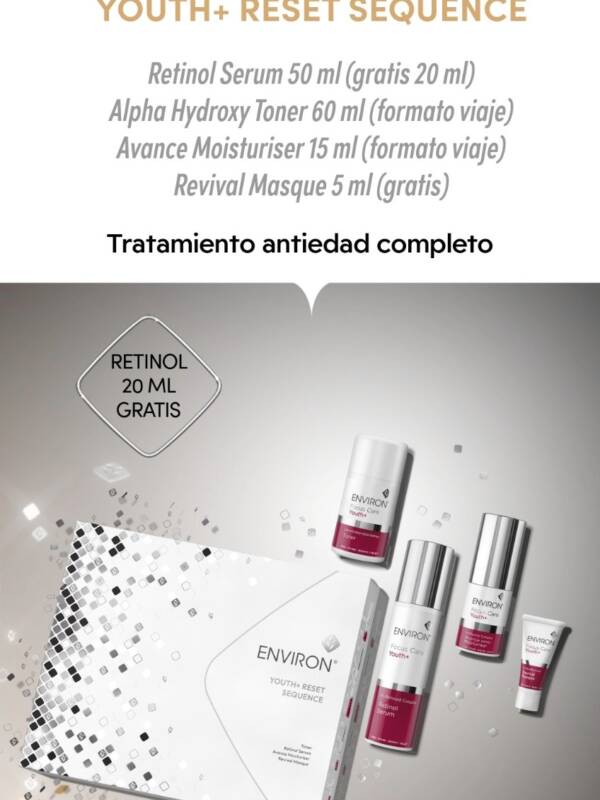 Estuche ENVIRON Youth+ Reset Sequence con Retinol Serum 50 ml más 20 ml gratis, Alpha Hydroxy Toner 60 ml, Avance Moisturiser 15 ml y Revival Masque 5 ml de regalo.