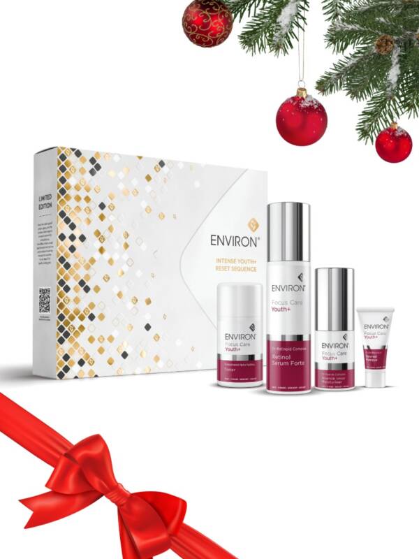 Estuche ENVIRON Youth+ Reset Sequence con Retinol Serum 50 ml más 20 ml gratis, Alpha Hydroxy Toner 60 ml, Avance Moisturiser 15 ml y Revival Masque 5 ml de regalo.