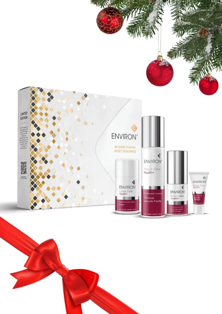 Estuche ENVIRON Youth+ Reset Sequence con Retinol Serum 50 ml más 20 ml gratis, Alpha Hydroxy Toner 60 ml, Avance Moisturiser 15 ml y Revival Masque 5 ml de regalo.