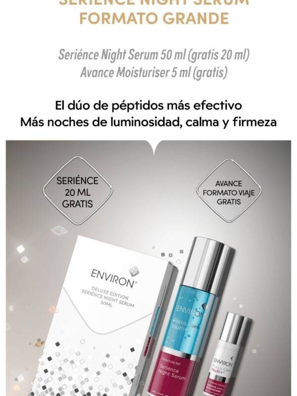 Cartel promocional del estuche SeriÉnce Night Serum Formato Grande de Environ con 20 ml gratis de sérum y mini Avance Moisturiser de regalo